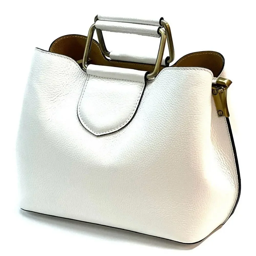 Isadora Handbag White Pebbled Italian Leather Top Metal Handle Bag
